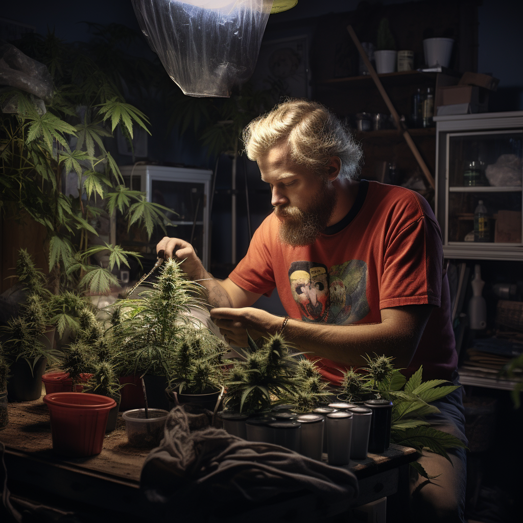 Blonde man growing marijuana plant