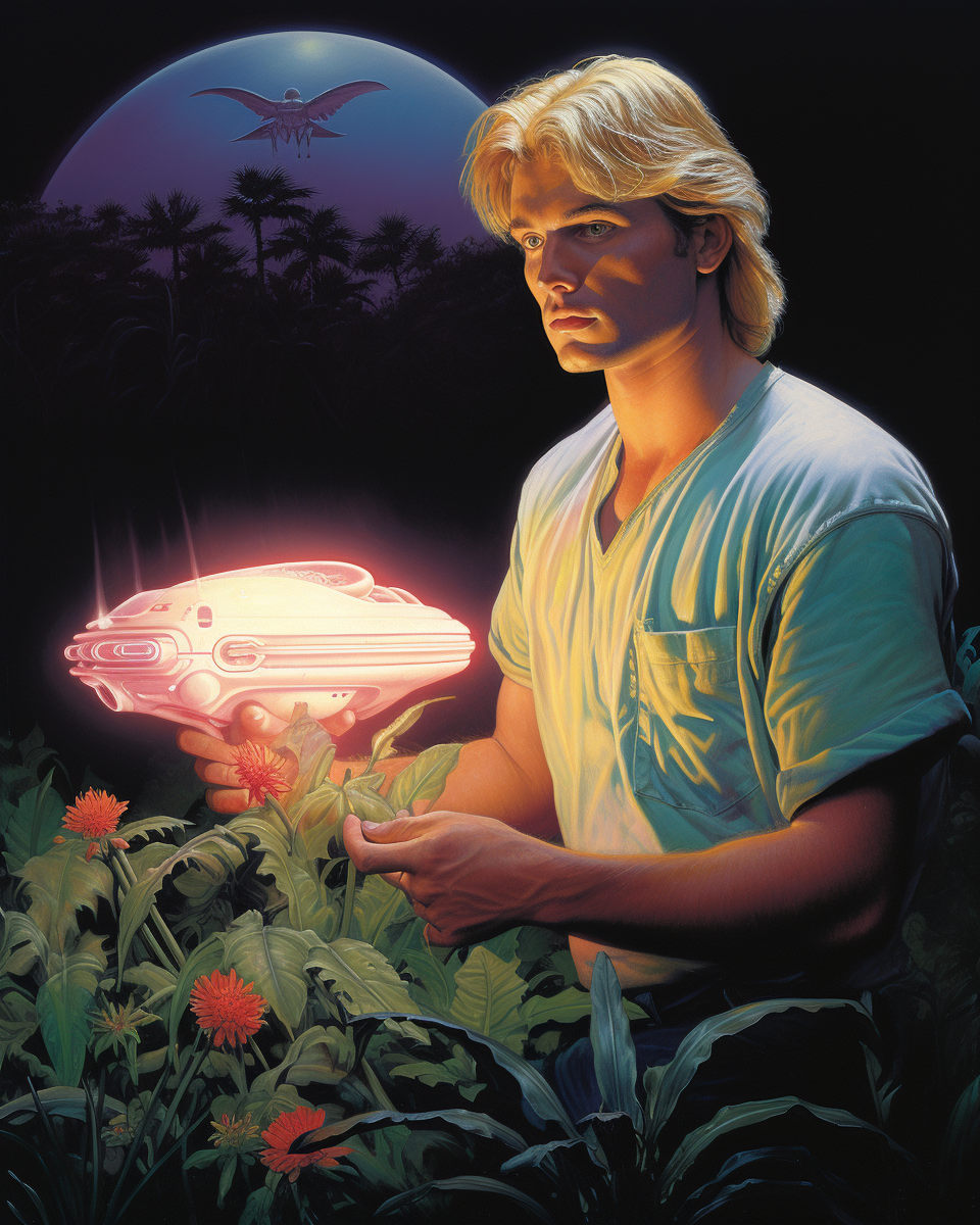 Blonde man with weapon and UFO