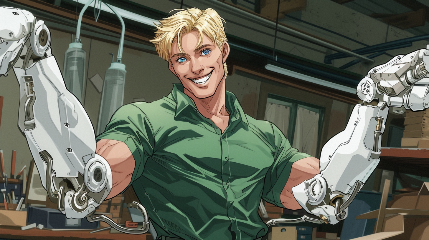 Blonde man with white cybernetic arms in workshop