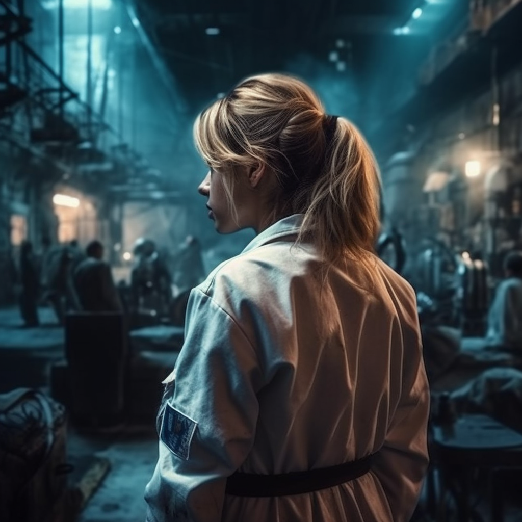 Blonde Medical Doctor Fighting Diseases in Sci-Fi Scene