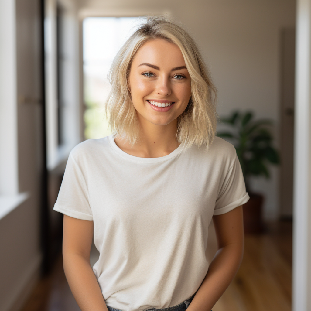 Blonde model in white tee shirt