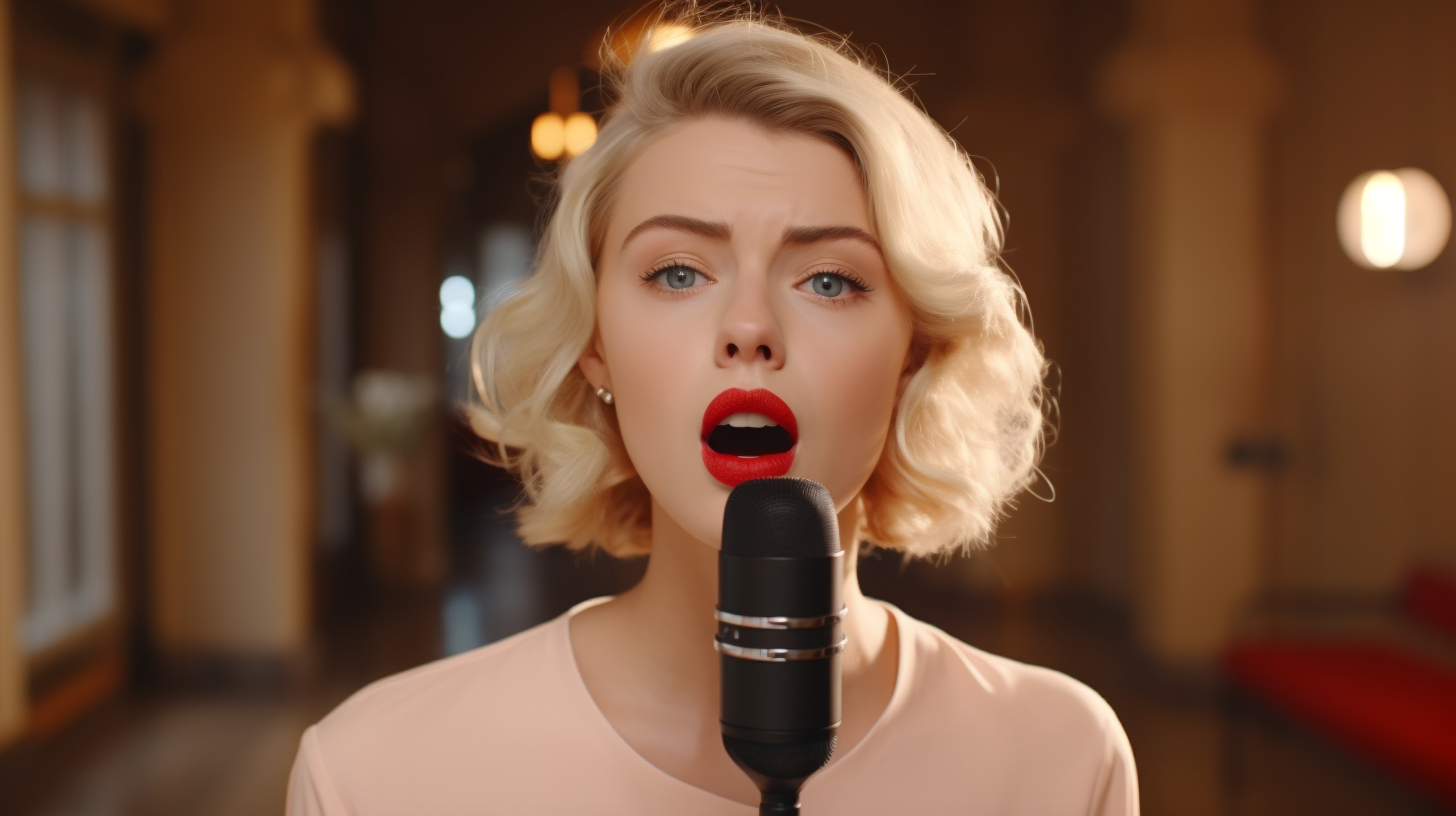 Blonde opera singer singing in Wes Anderson style