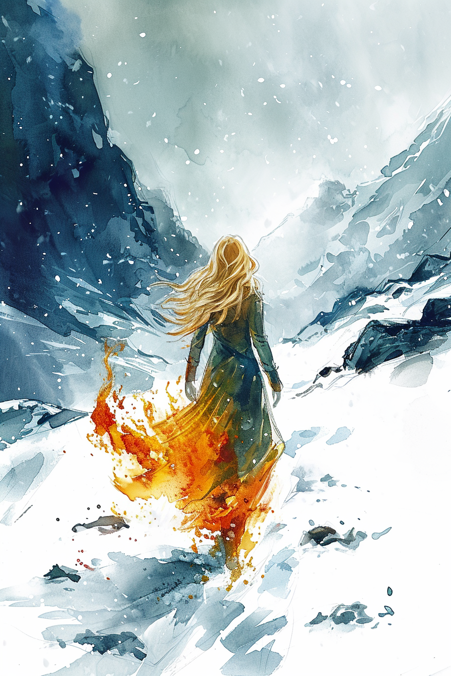 Blonde priestess walking away from blizzard in fire-wreathed robes