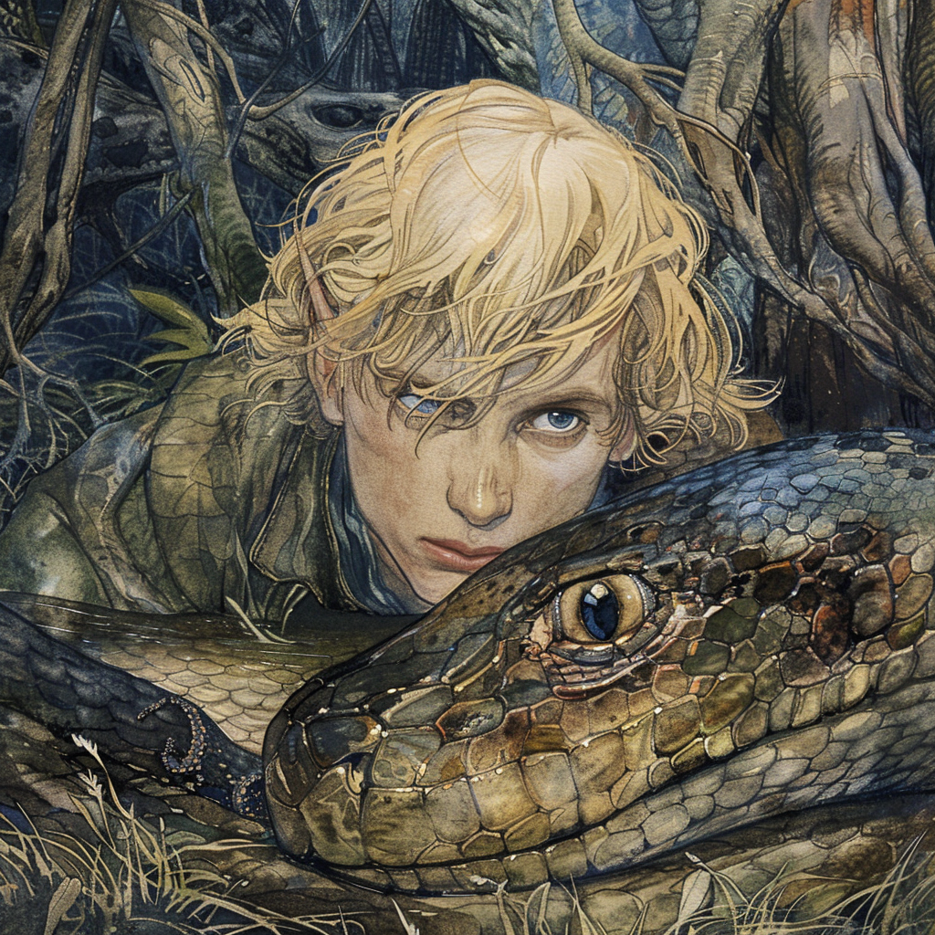 blonde prince on giant snake (max 6 words)