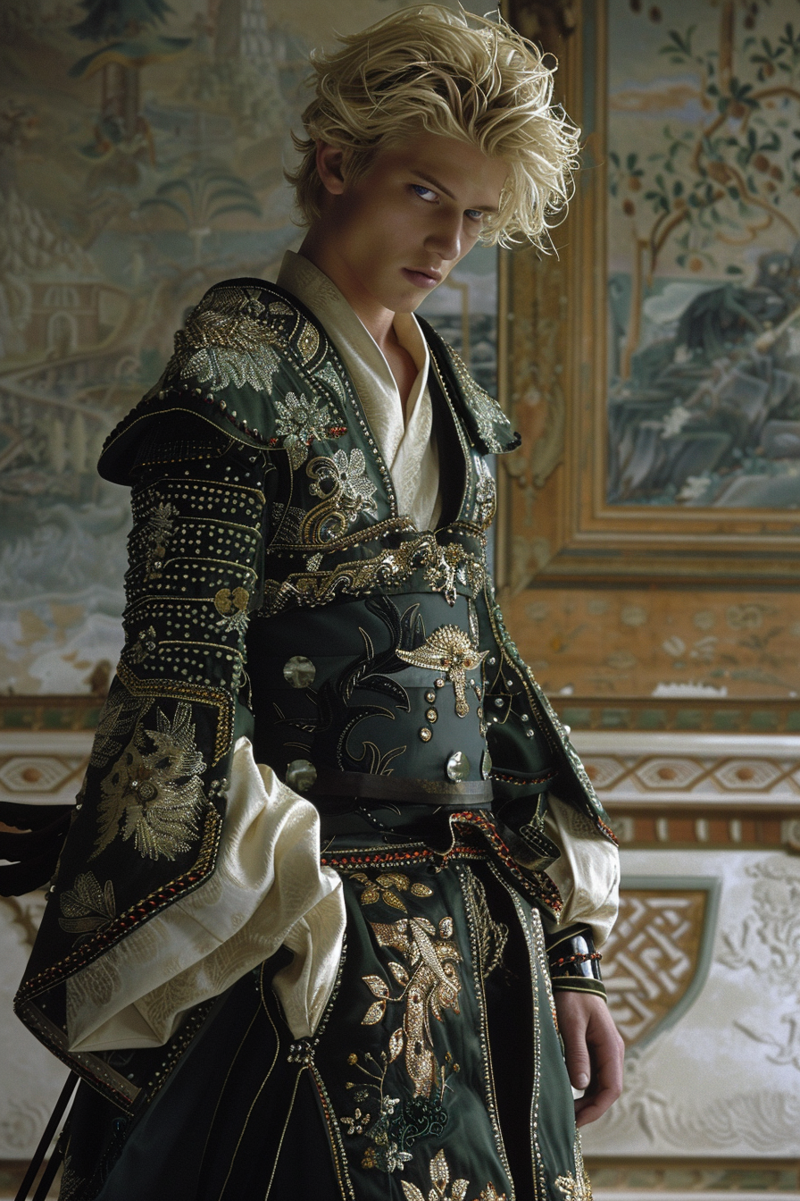 Young muscular blonde in samurai armor