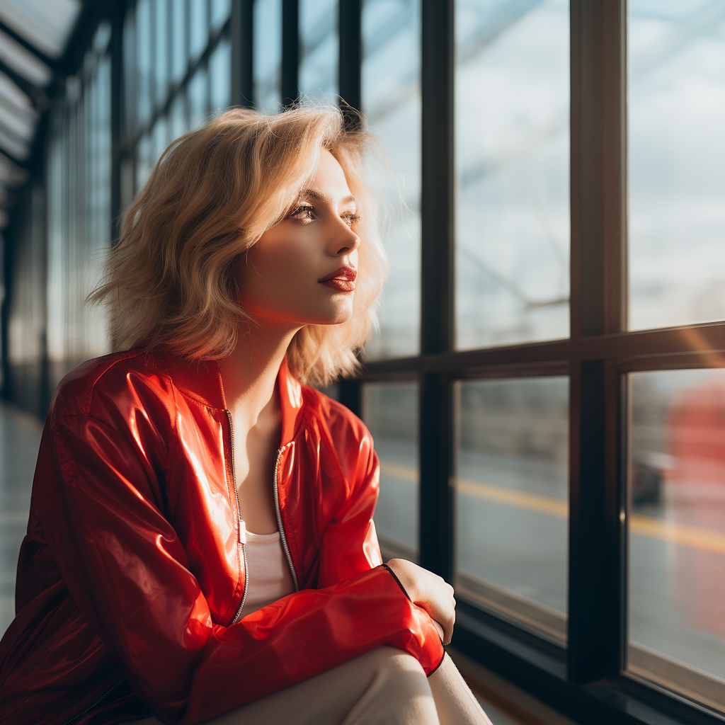 Natural-looking blonde influencer at airport window