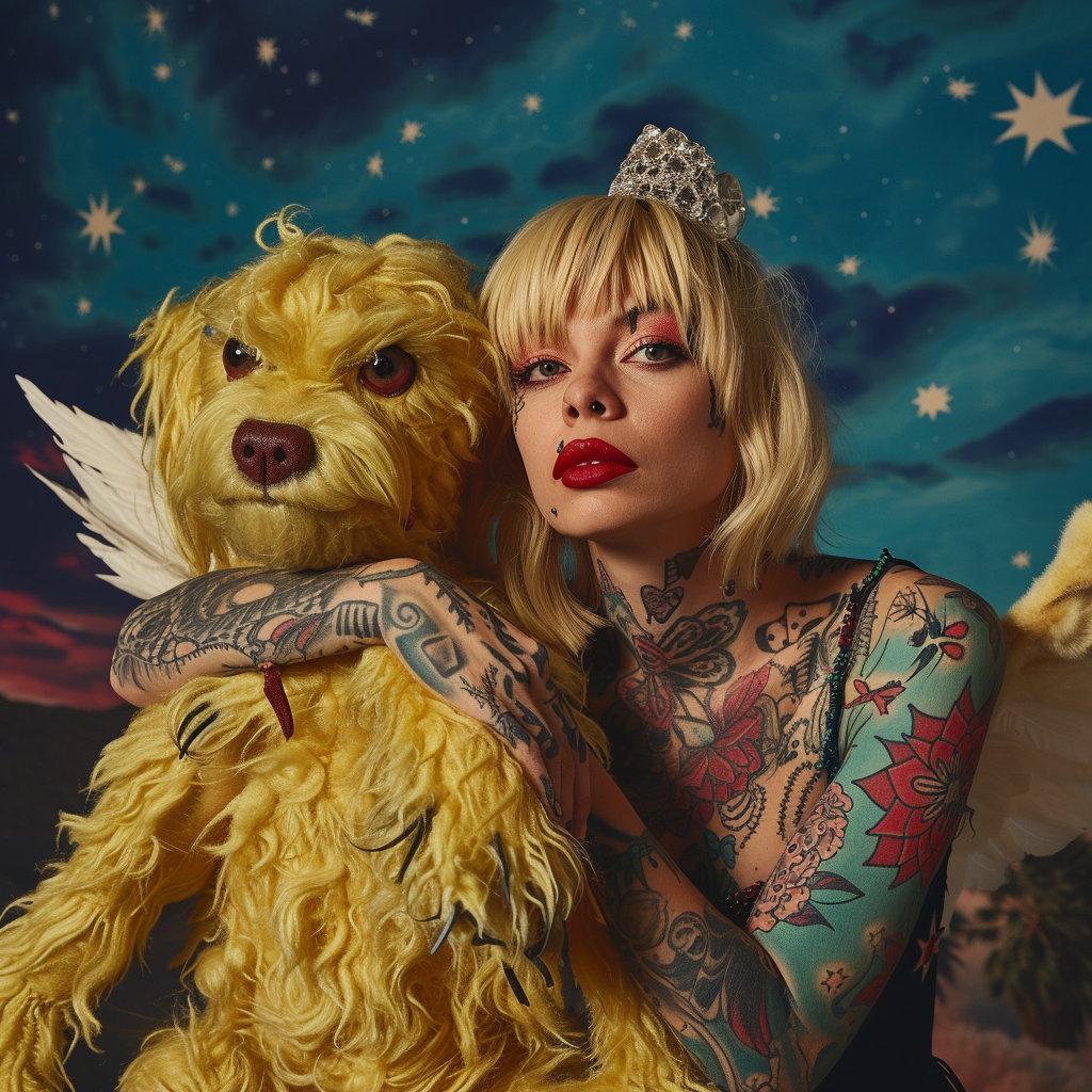 Blonde tattoo woman with monster pet in Palm Springs