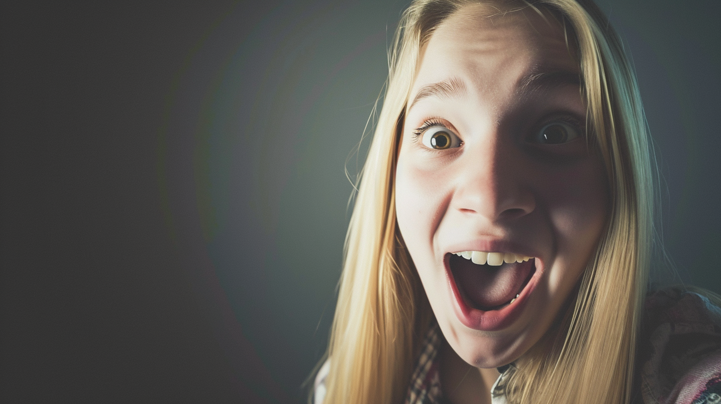 Blonde teen girl singing and shouting in choir selfie