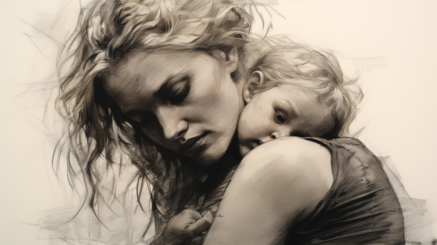 Charcoal drawing of blonde woman with baby