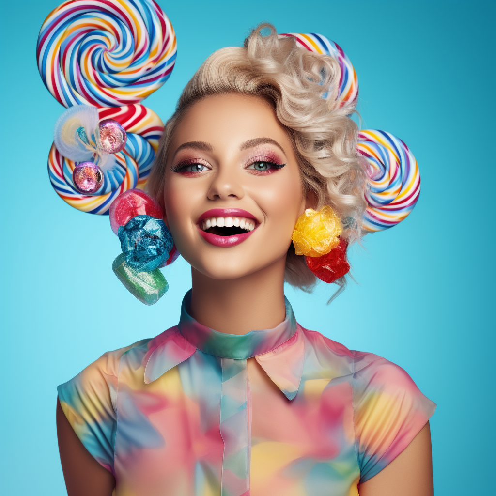 Smiling blonde woman with lollipops in hair