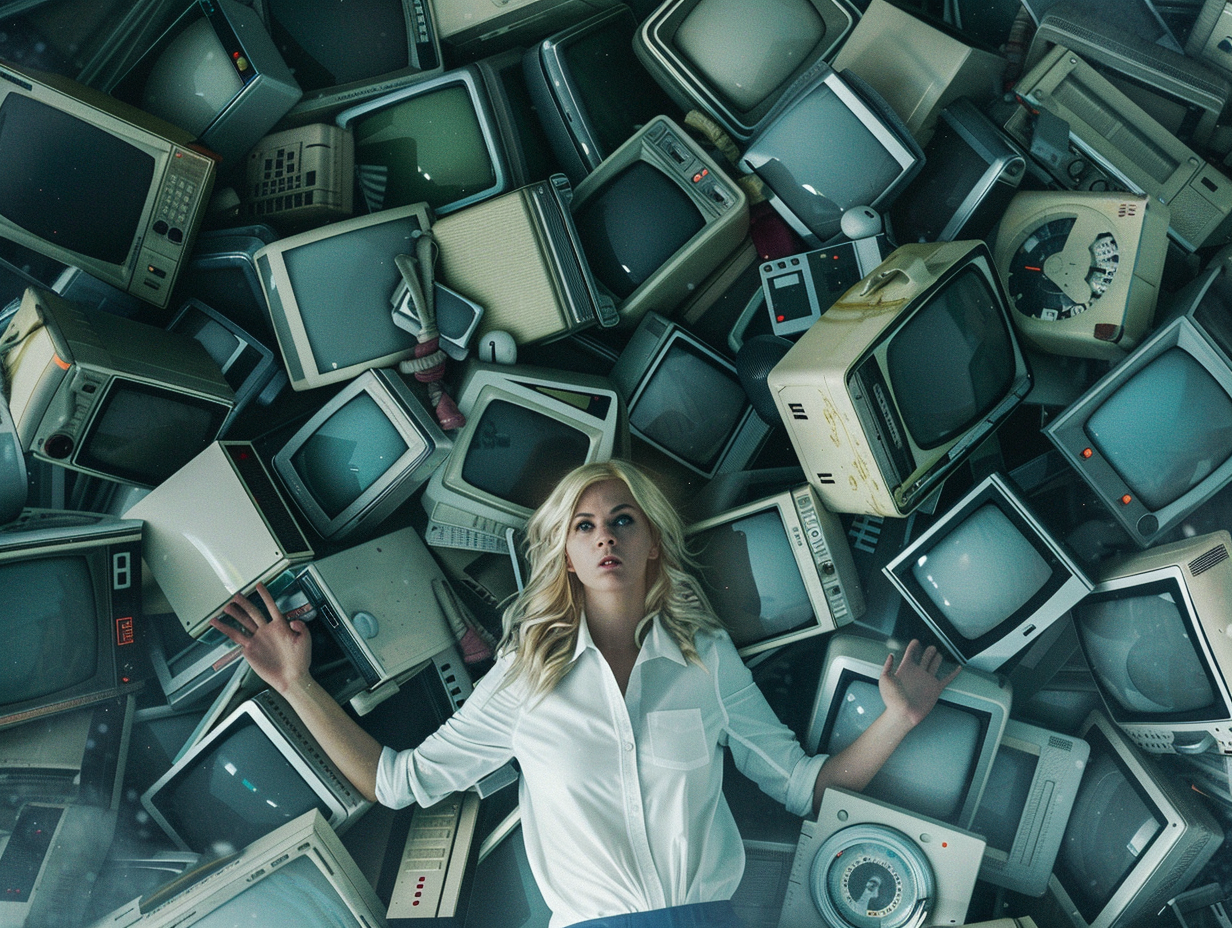 Blonde woman surrounded by devices