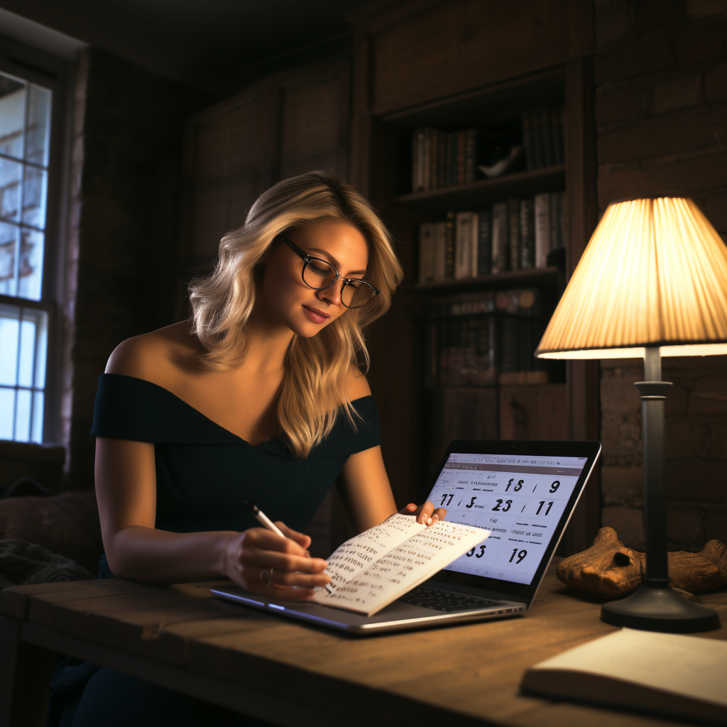 Blonde woman studying statistics while enjoying Harry Potter book