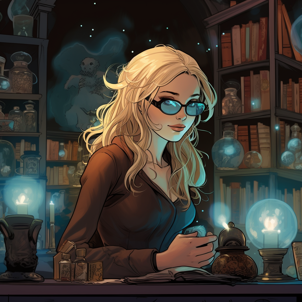 Blonde woman exploring a magical shop with her cats