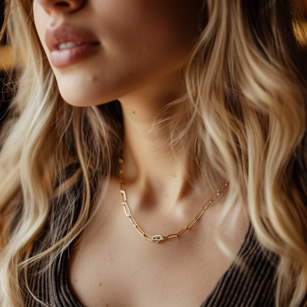 Blonde woman in gold paperclip necklace