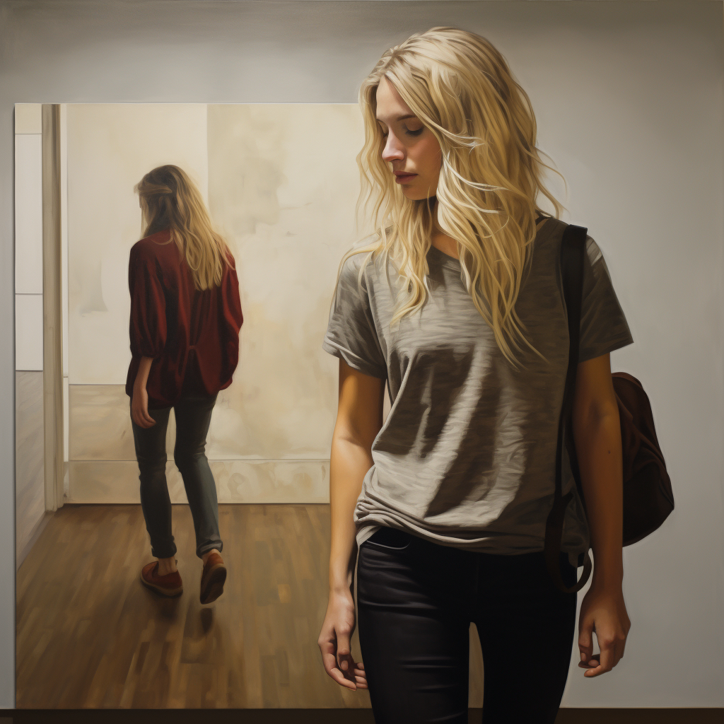 Blonde woman with half-finished self-portrait