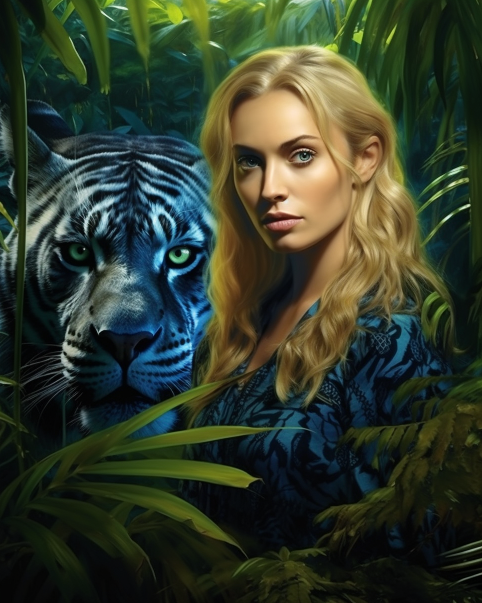 Blonde woman in jungle with jaguar