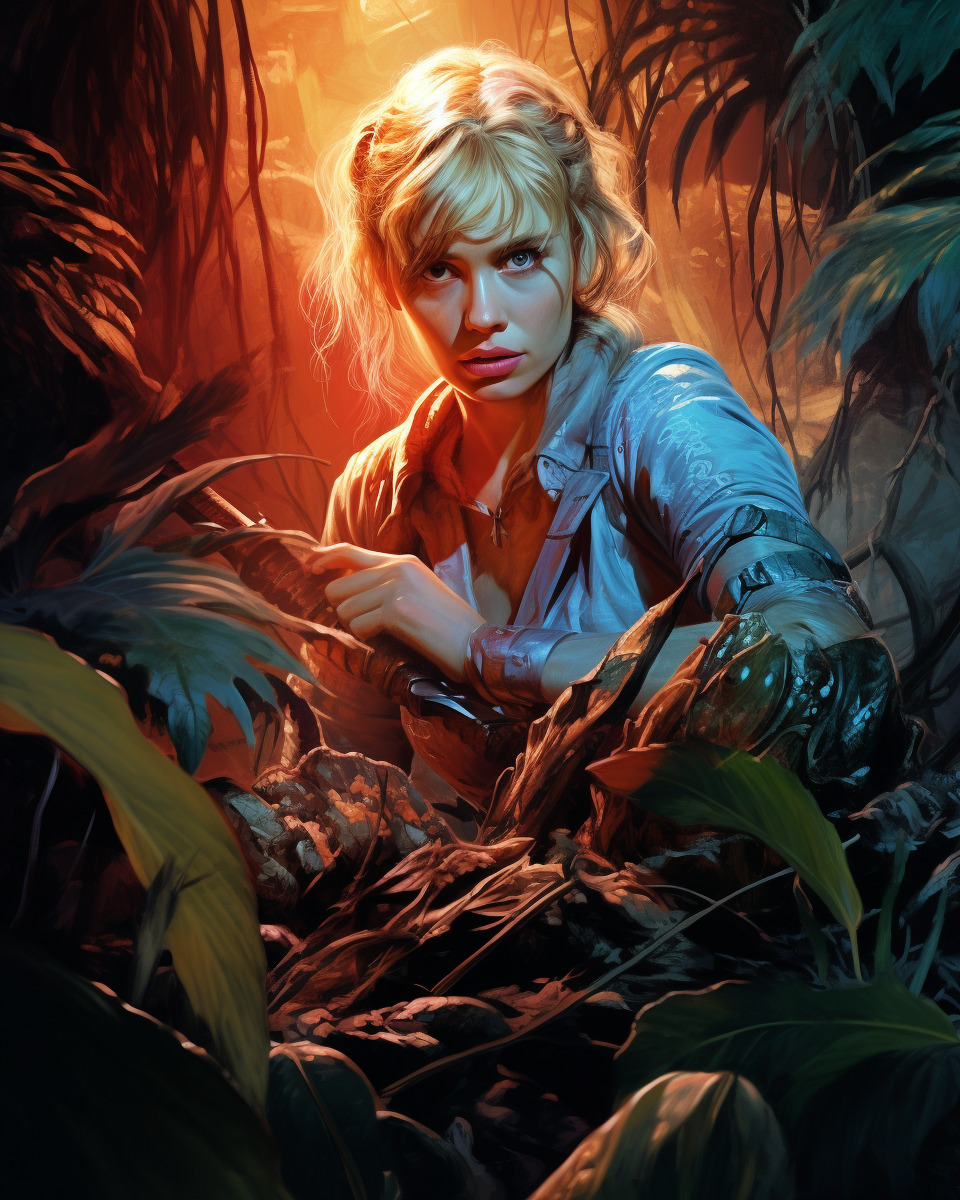 Blonde woman in dark jungle holding weapon