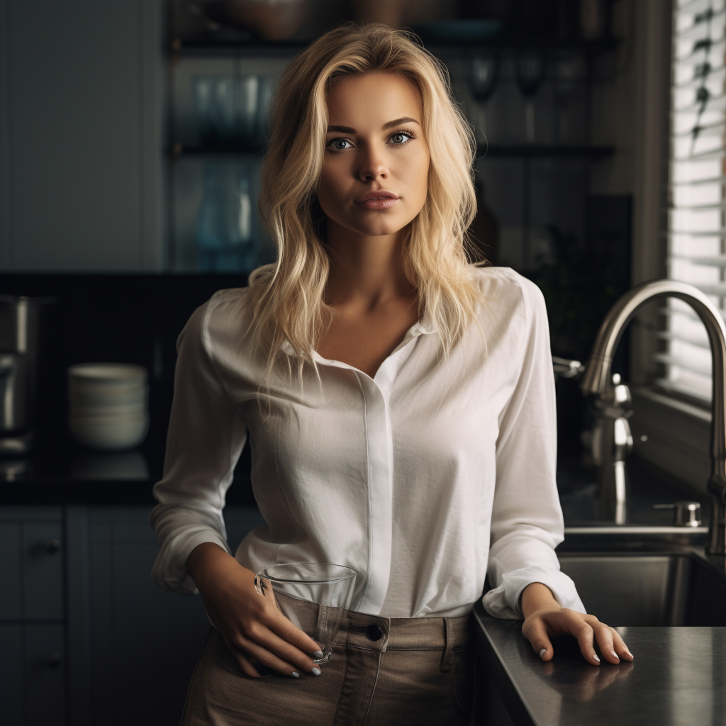 Blonde woman at kitchen sink