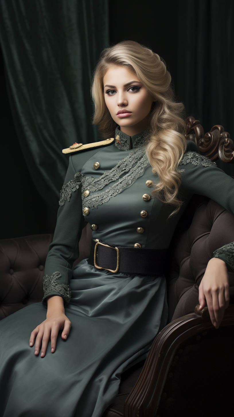 Blonde woman in lace aristocracy military uniform