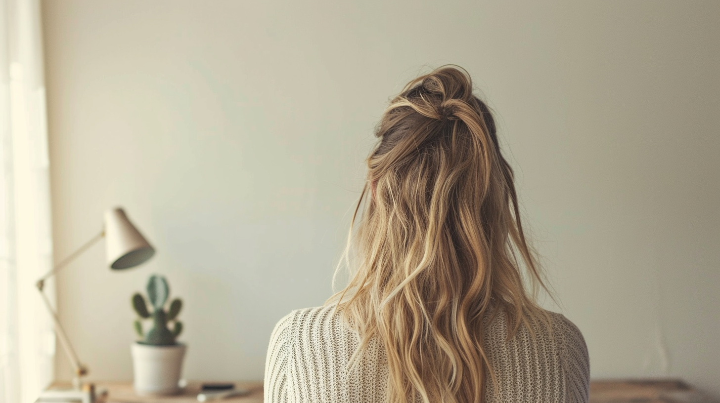 Blonde woman looking at empty white wall