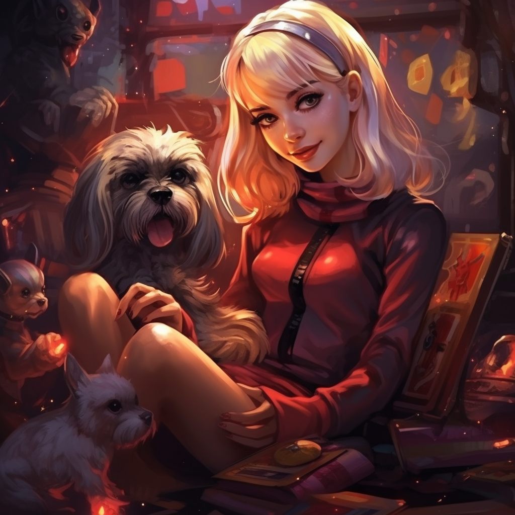 Blonde woman with mini schnauzer in fantasy world