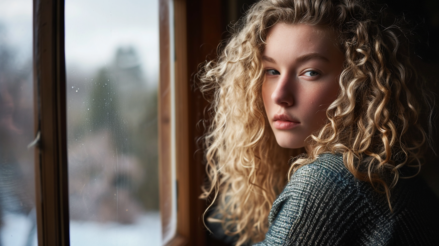 Blonde woman with curly hair next to a window