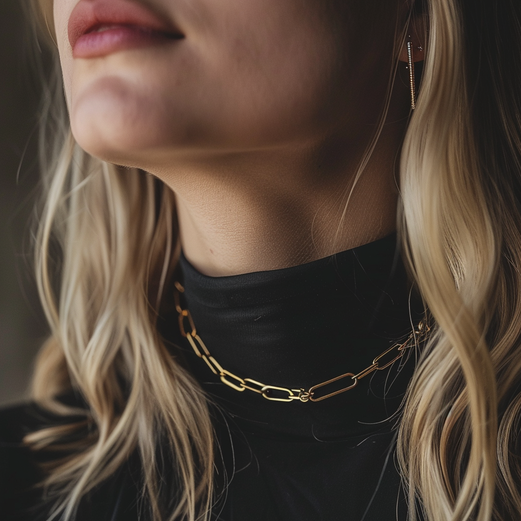 Blonde woman gold paperclip necklace