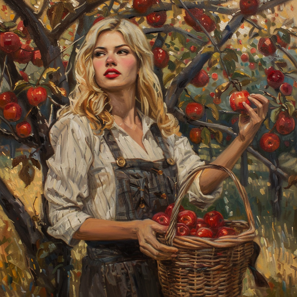 Blonde woman picking apples painting