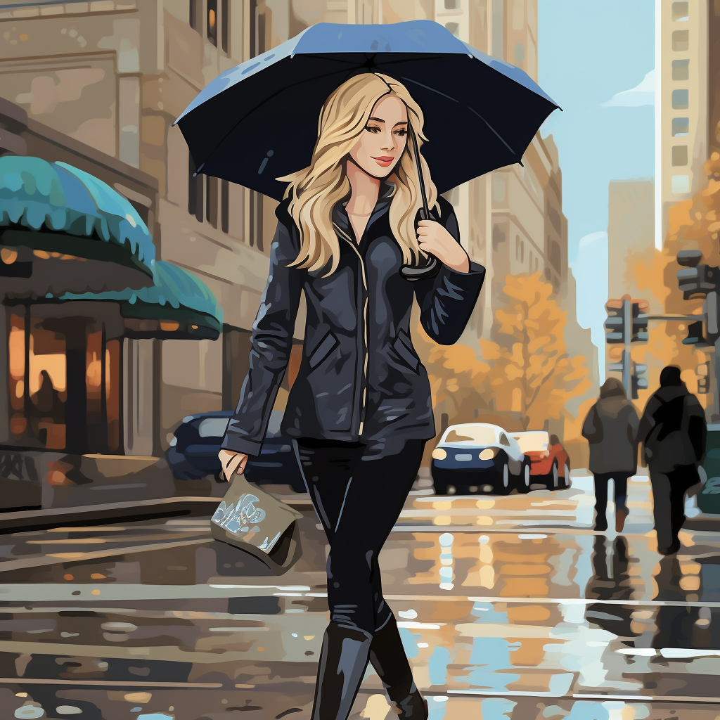 Blonde woman confidently walking in the rain