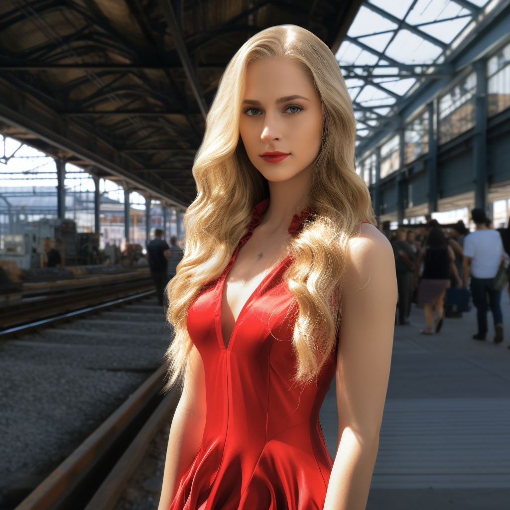 Stunning blonde woman in red dress