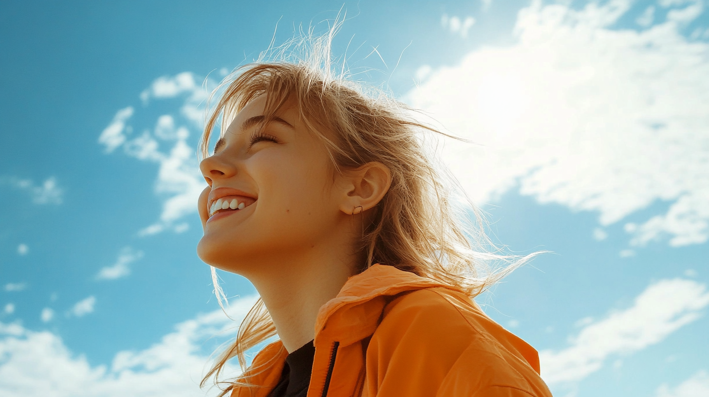 Blonde woman in orange jacket smiling