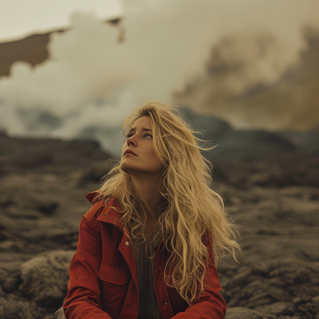 Blonde woman in Spanish outfit at Icelandic volcano