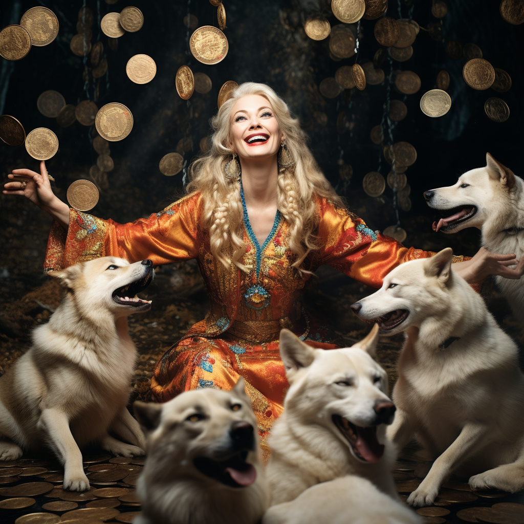 Blonde Woman with Happy Husky Dogs