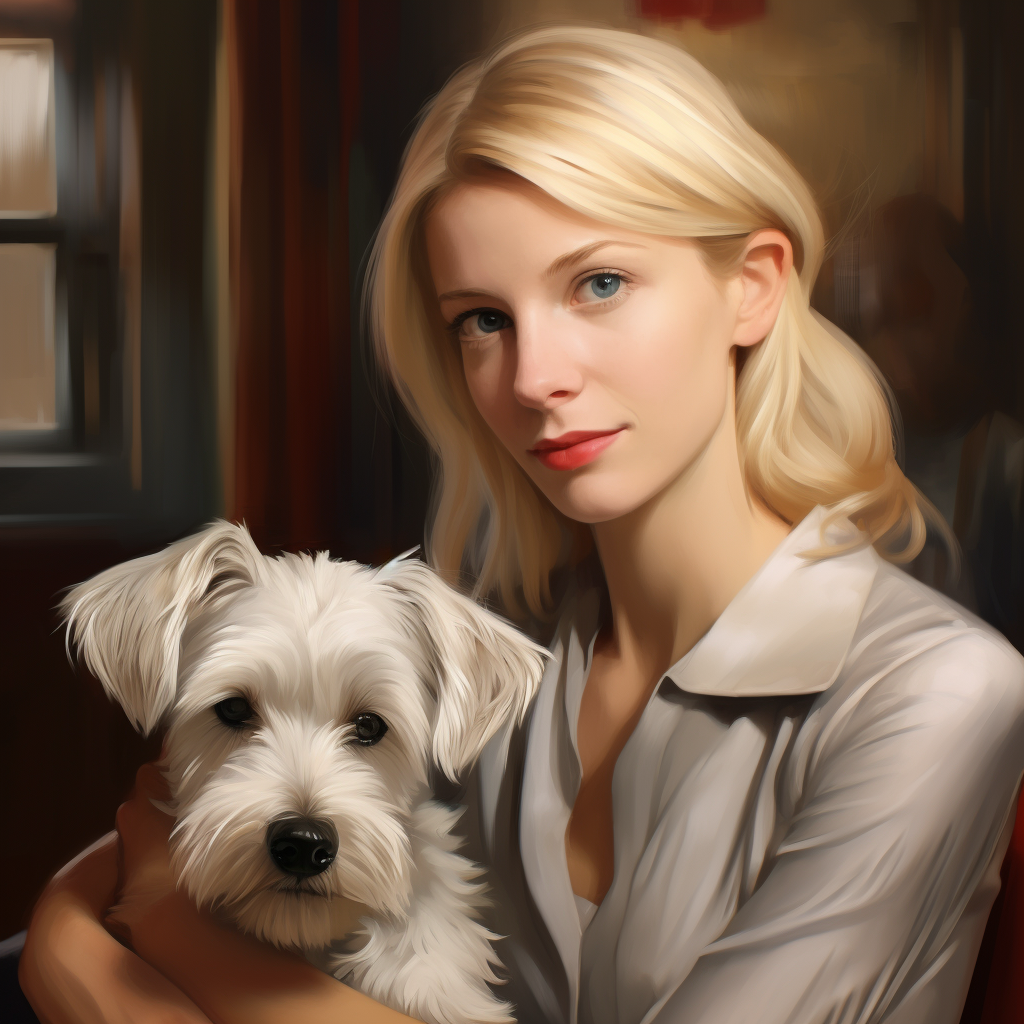 Blonde woman with schnauzer in a fantasy world