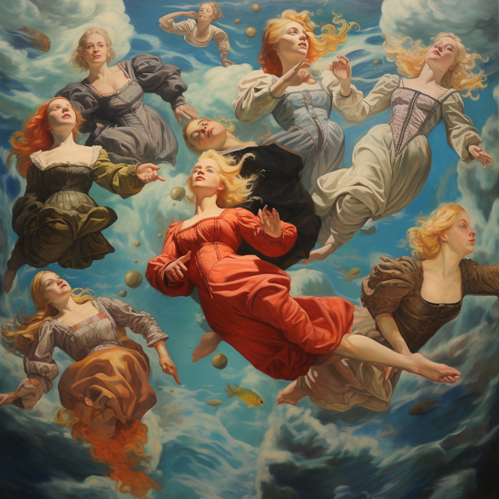 Blonde women swimming in the sky painting