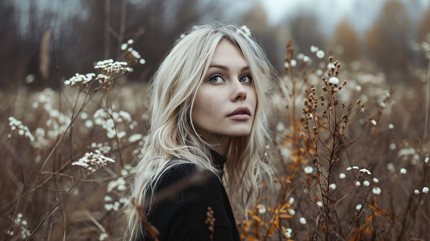 blonde woman with withered flowers