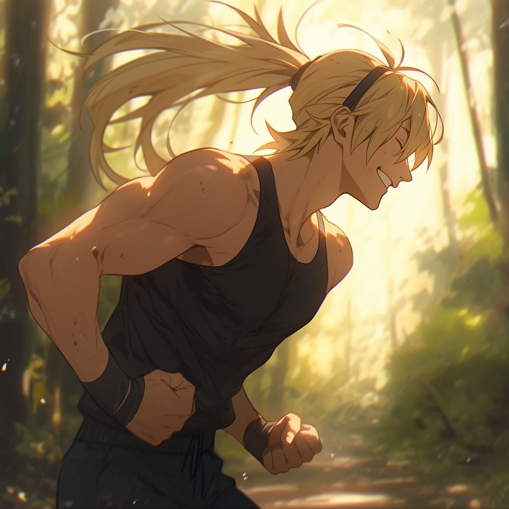 Blonde anime man running in forest smiling