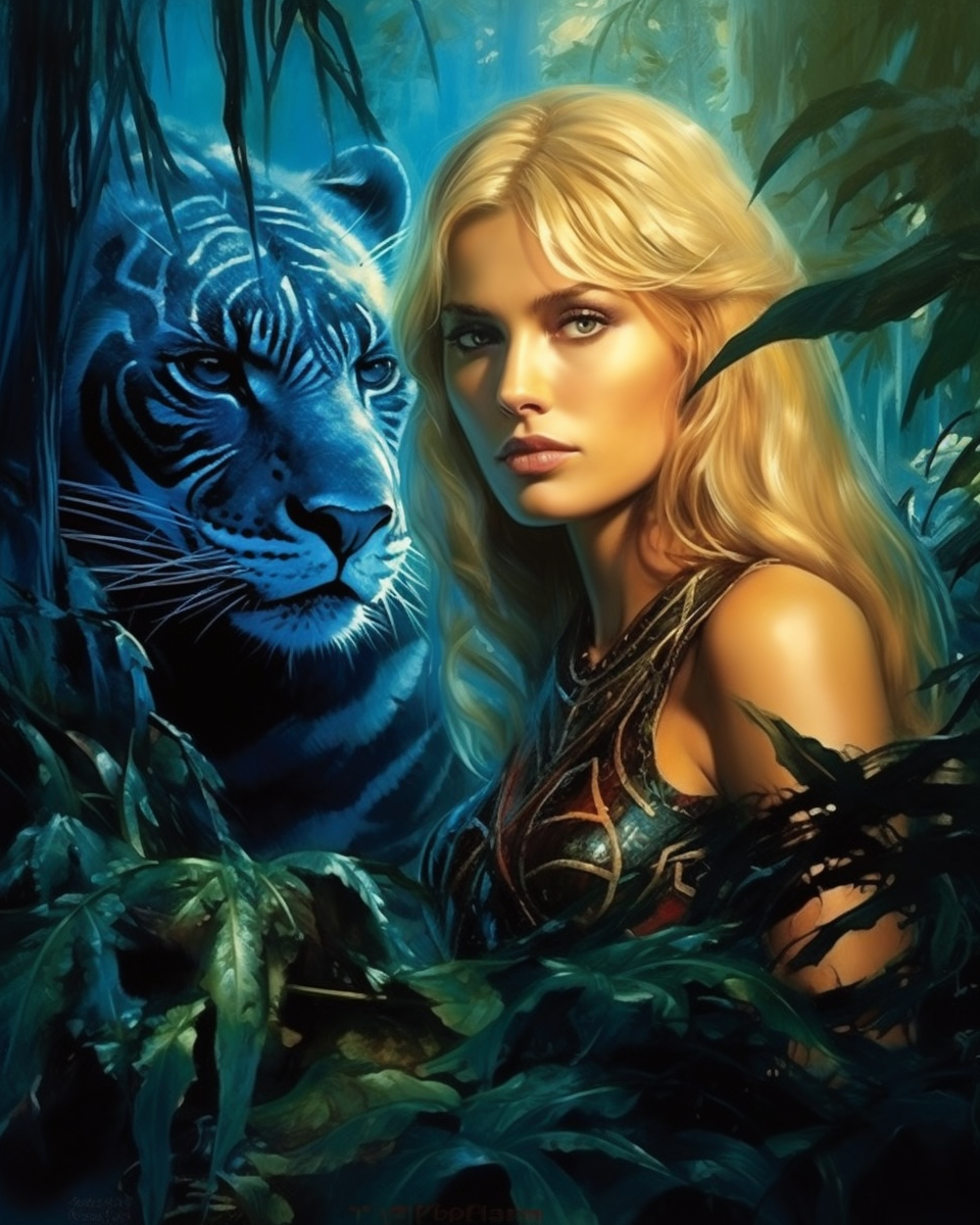 Woman in jungle with jaguar