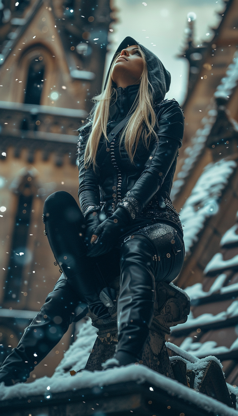 Blonde Female Assassin Gargoyle Rooftop