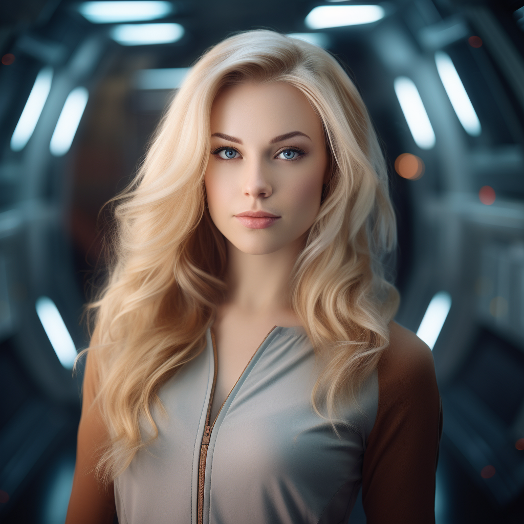 Beautiful blonde woman on space ship