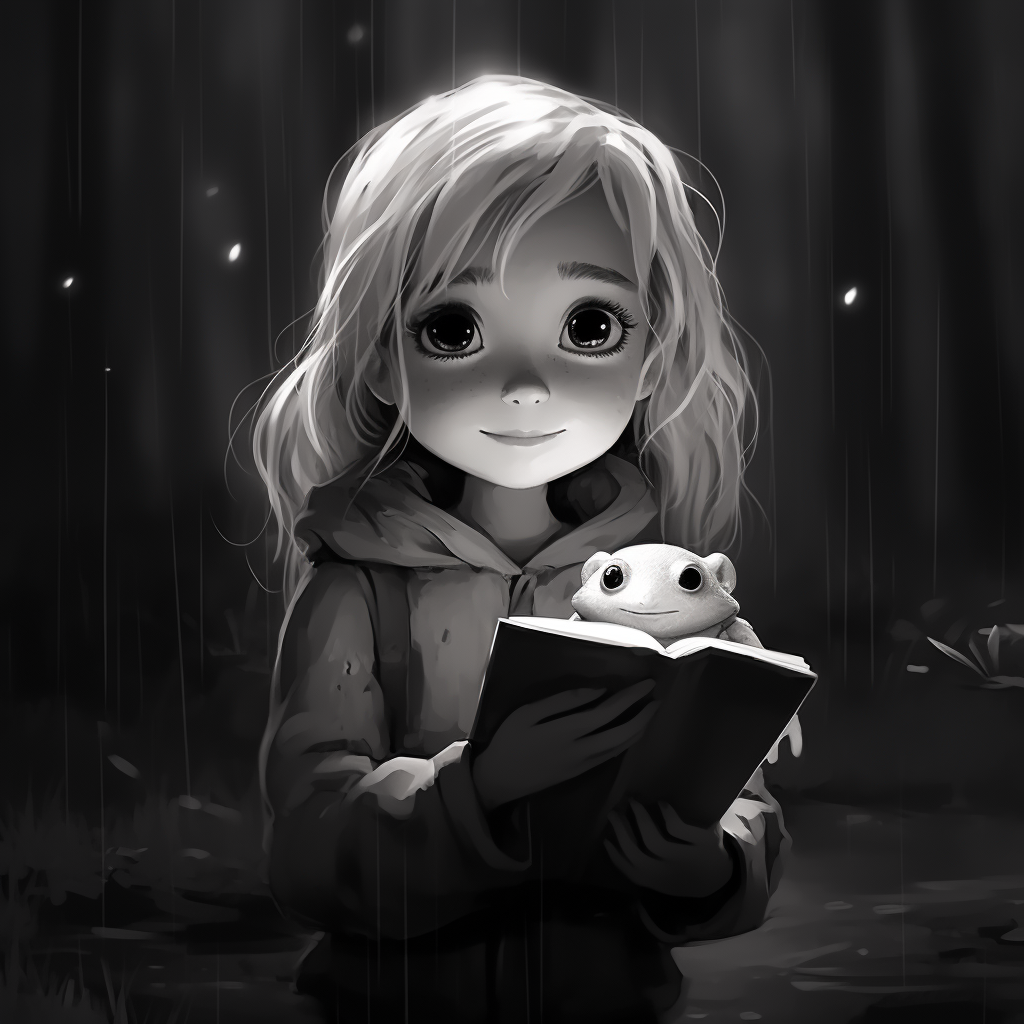 Blonde girl with cute frog in a rainy forest