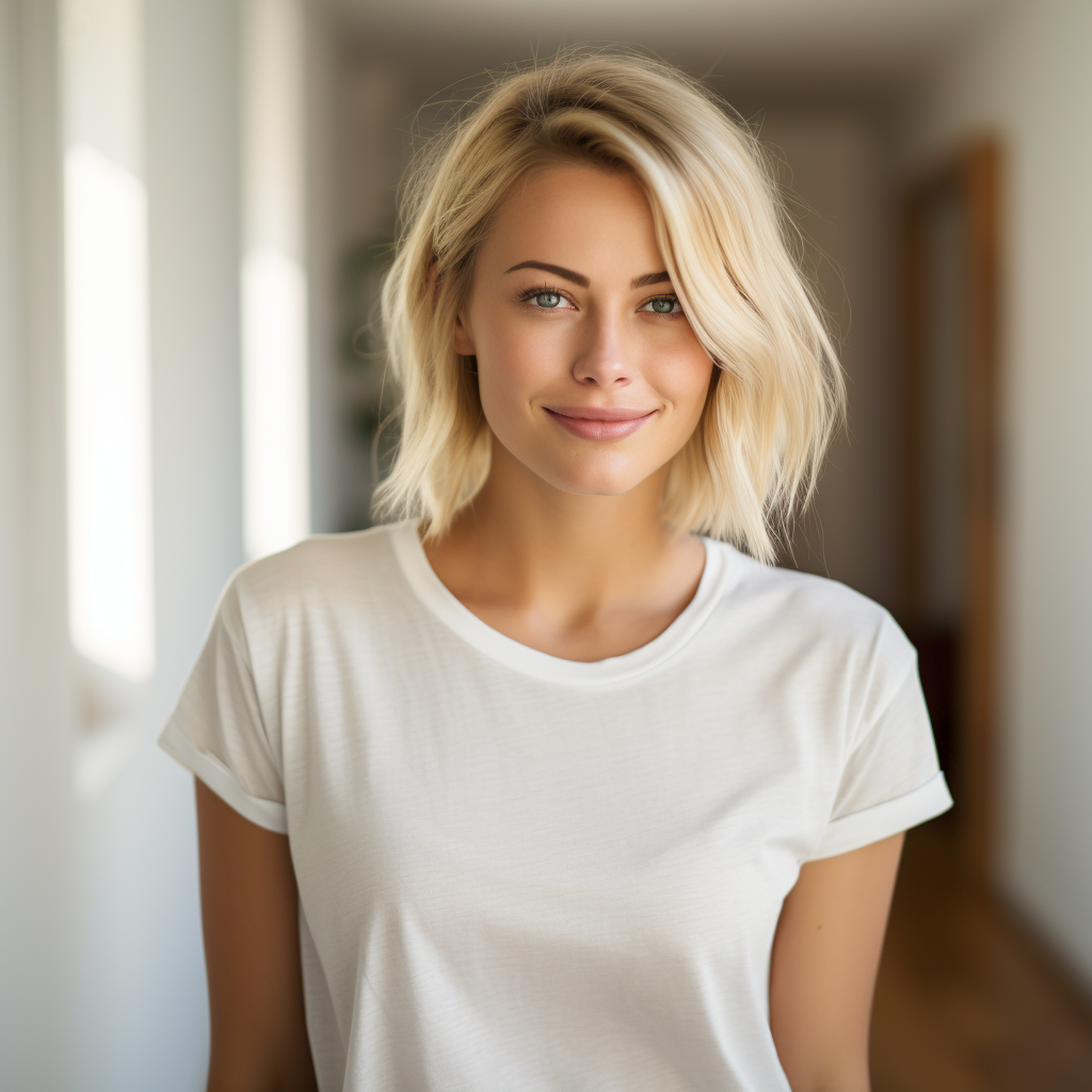 Blonde model in plain white tee shirt