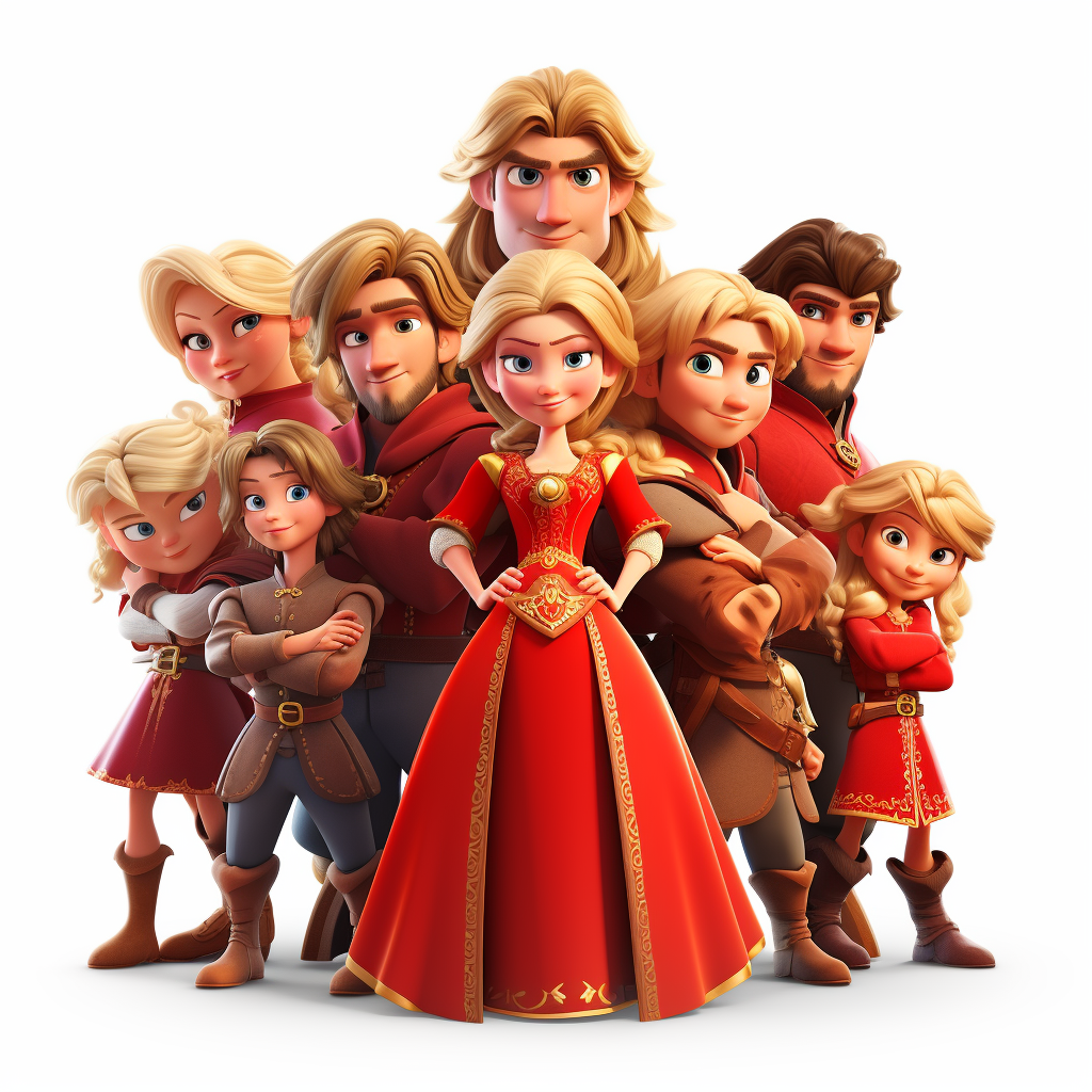 An image of eight blonde princes in red clothing