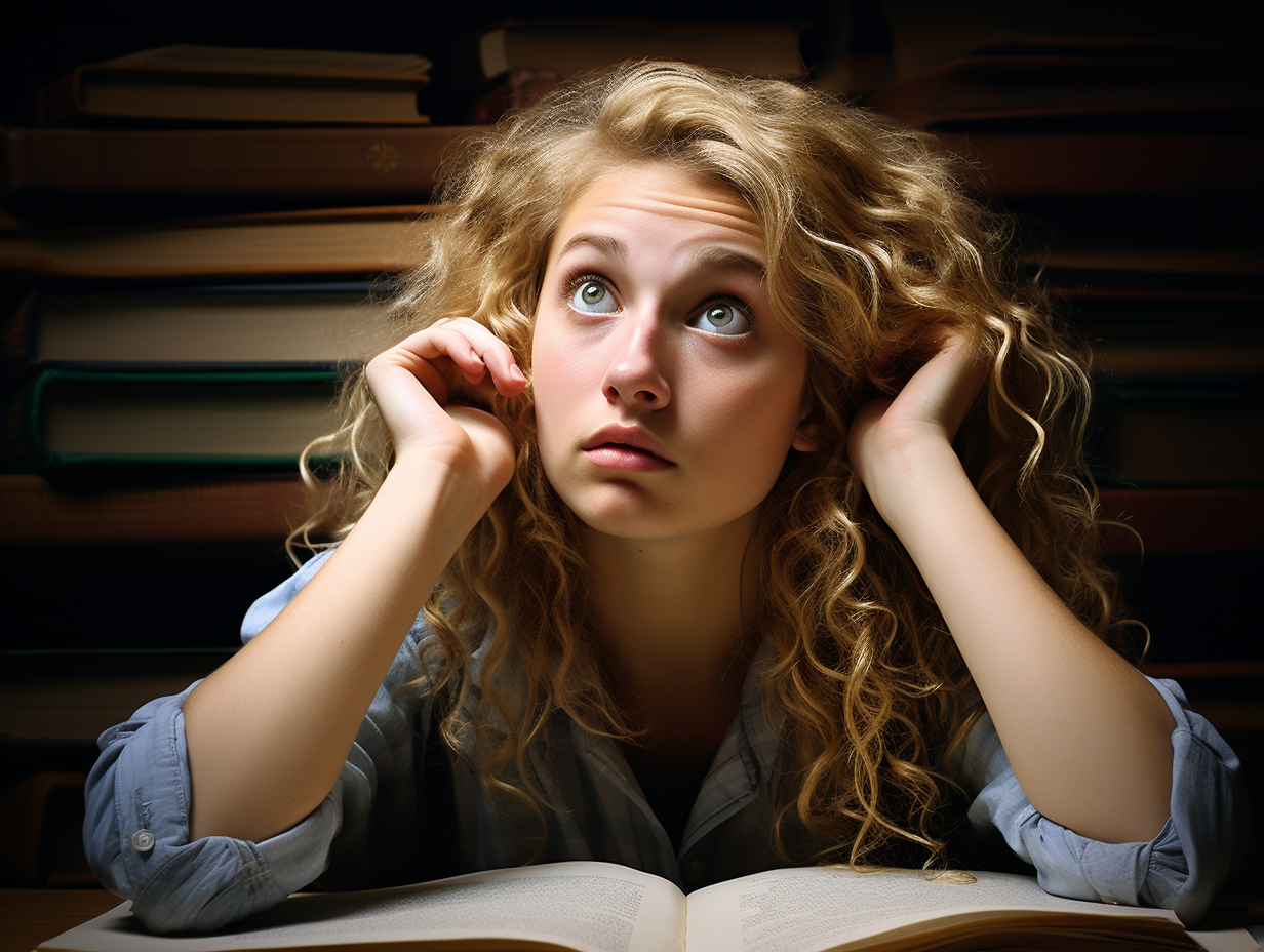 Senior school student studying with books, looking worried