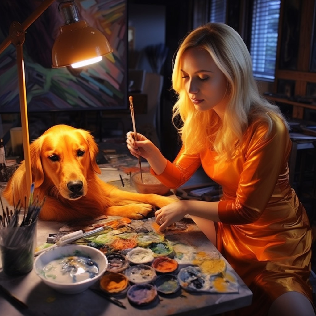 Blonde woman creating art with her loyal orange labrador dog