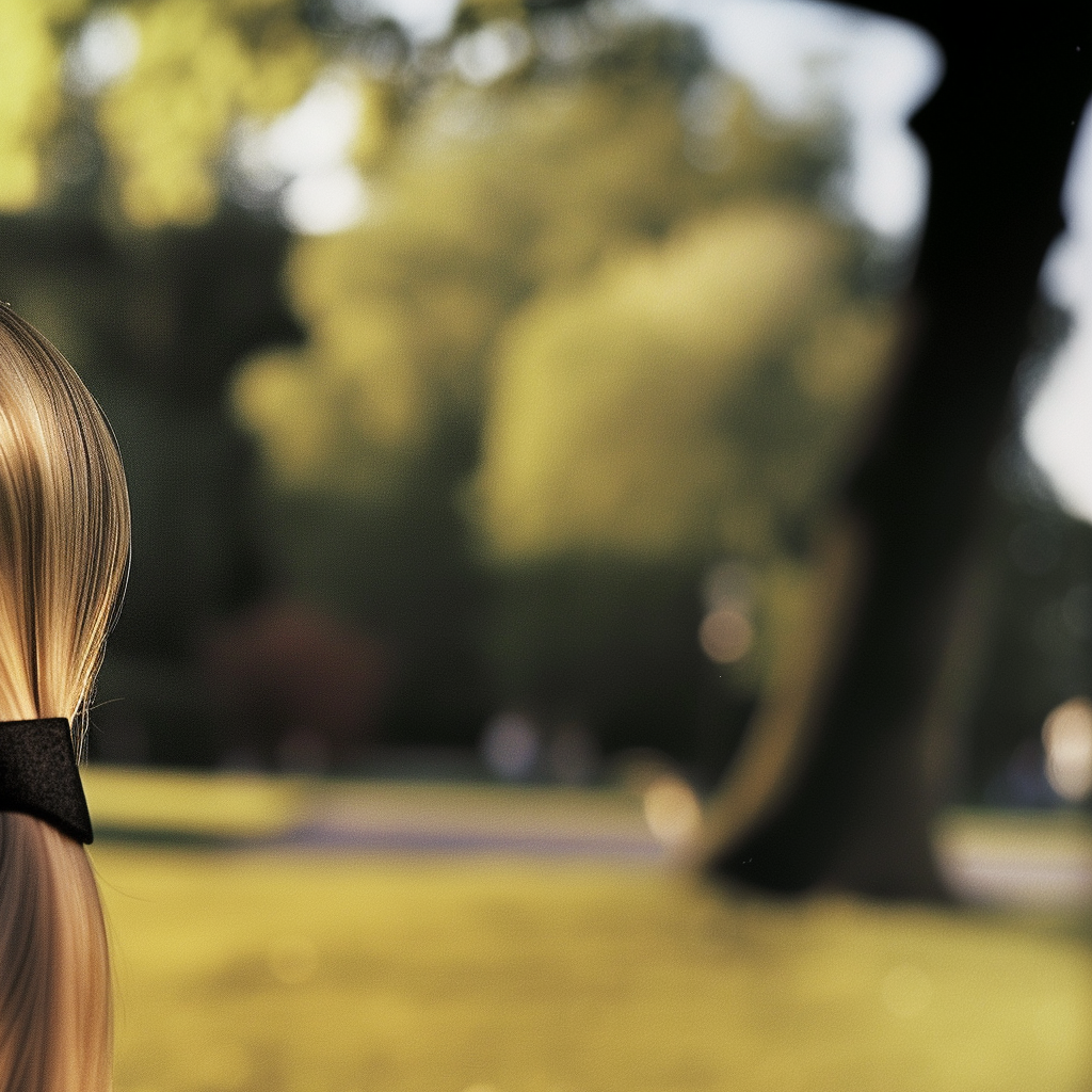 Young woman with blonde ponytail on park bench