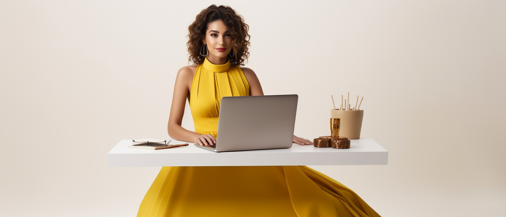 Iranian woman working on laptop at desk