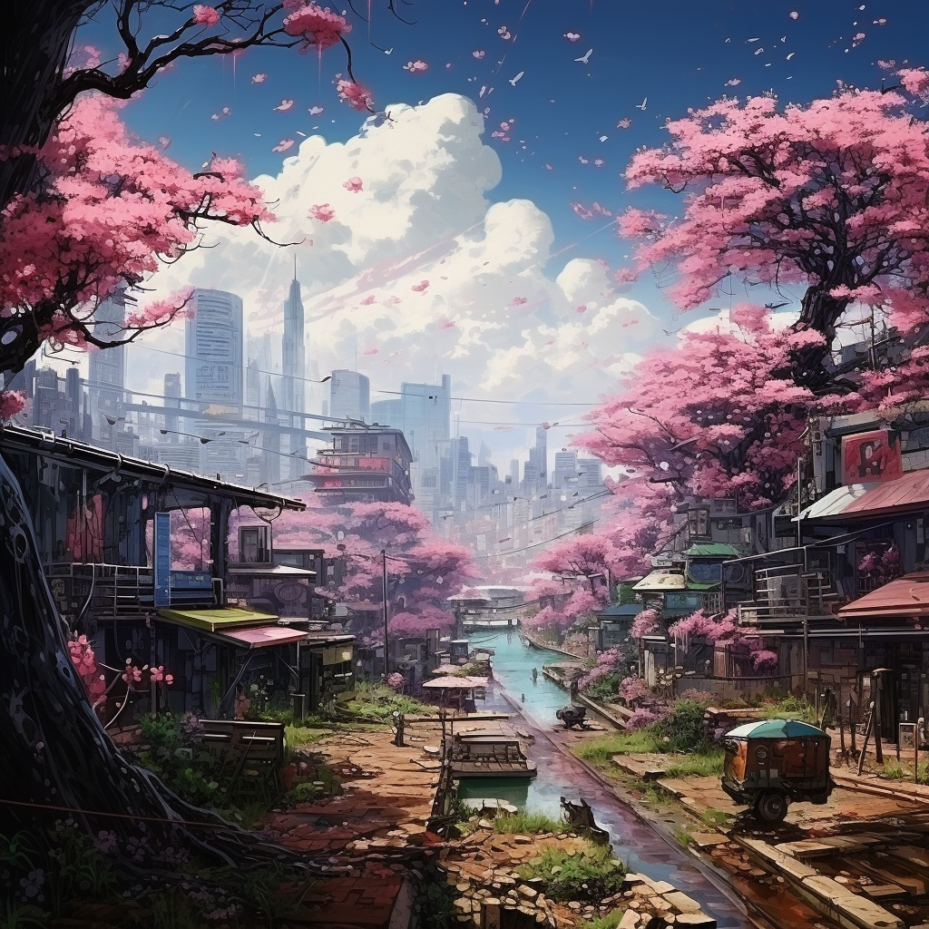 Beautiful Sakura Trees in Cyberpunk City