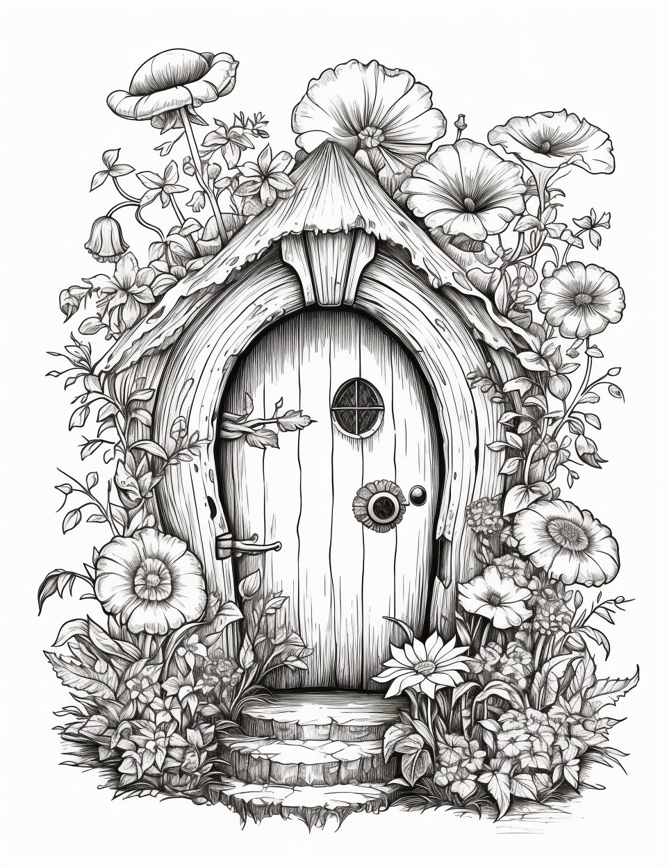 Coloring page of a blooming fairy door