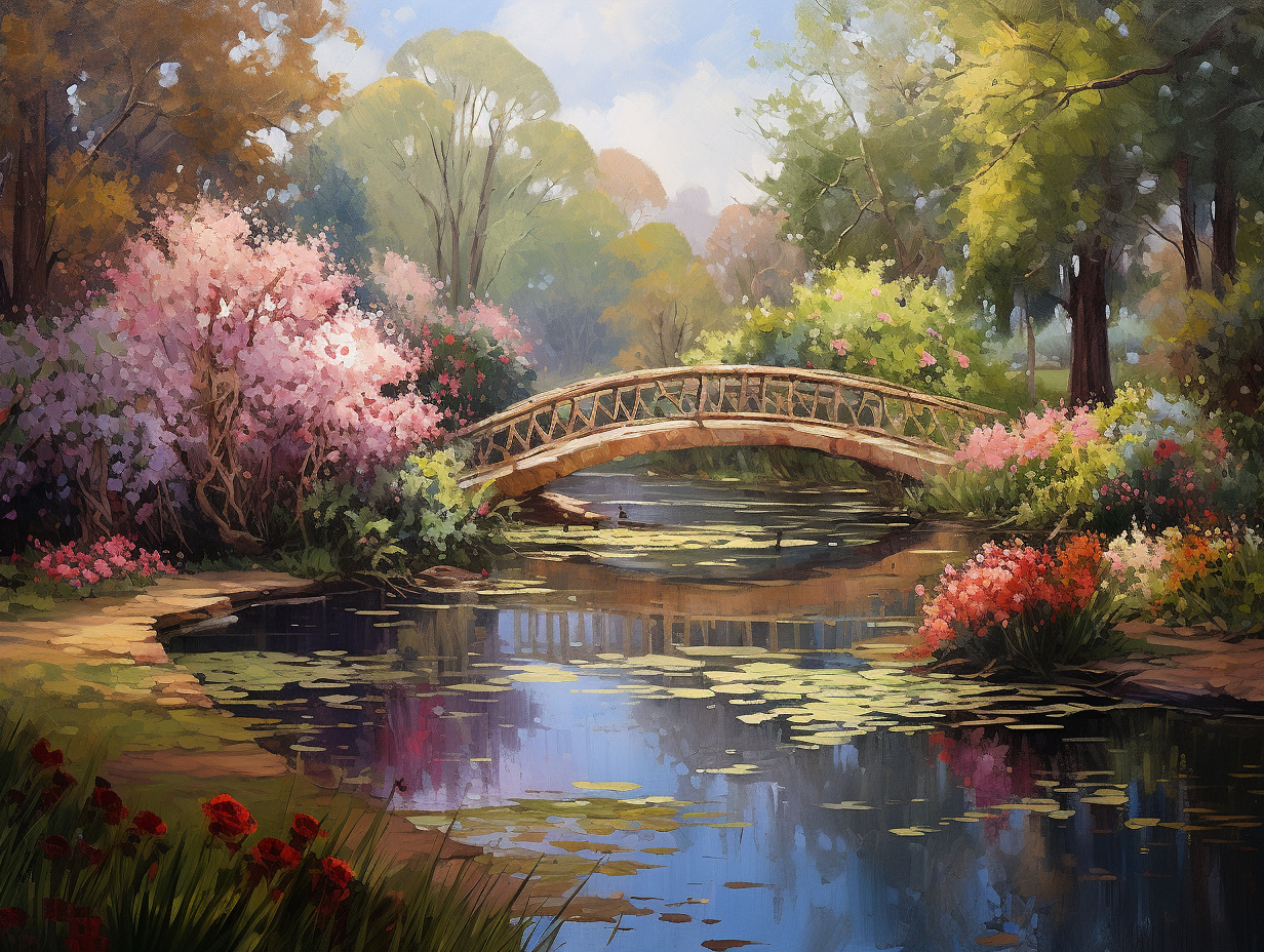 Bridge over blooming water lilies